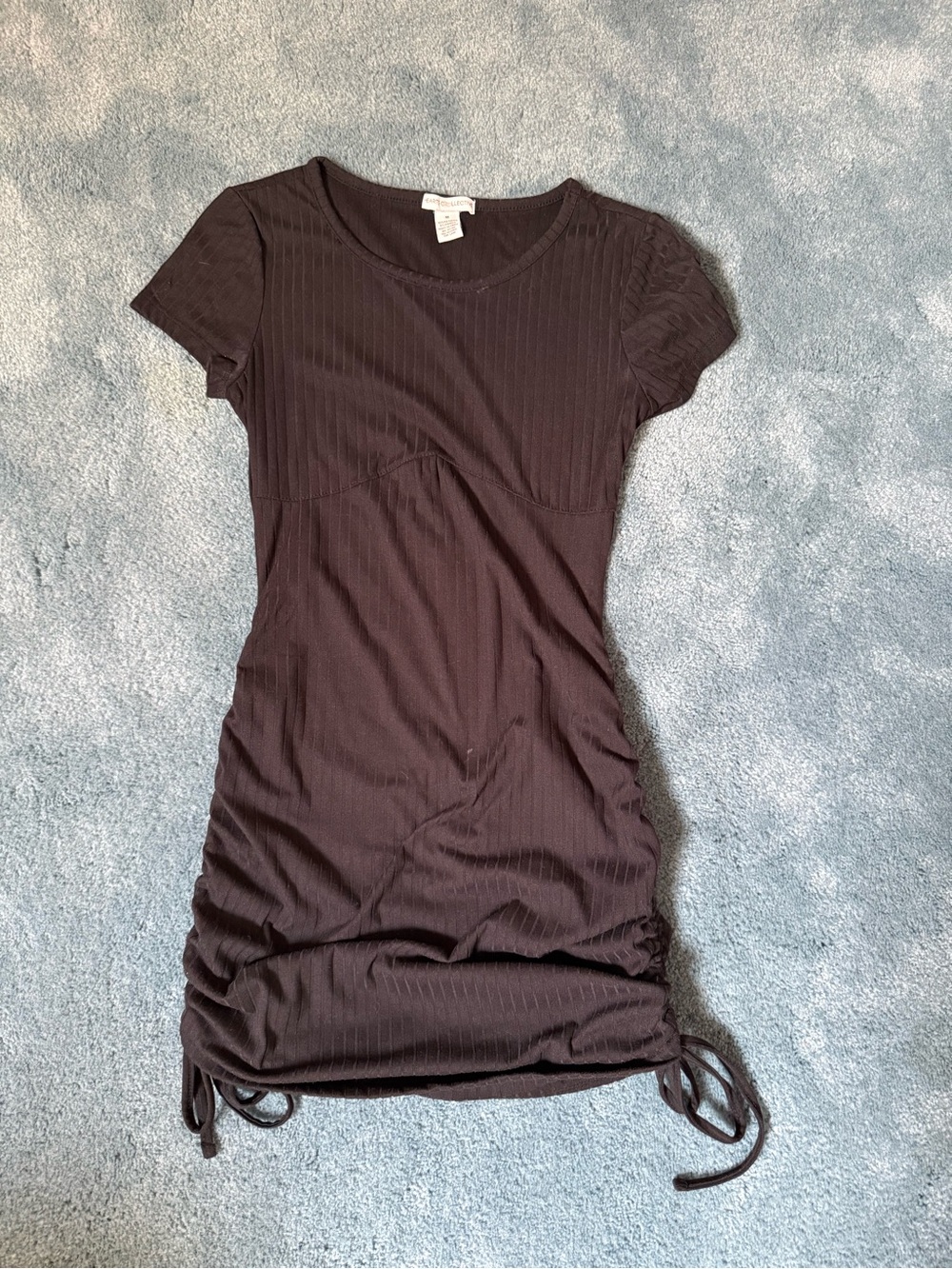 Ruched Short Sleeve Black Ribbed Mini Dress